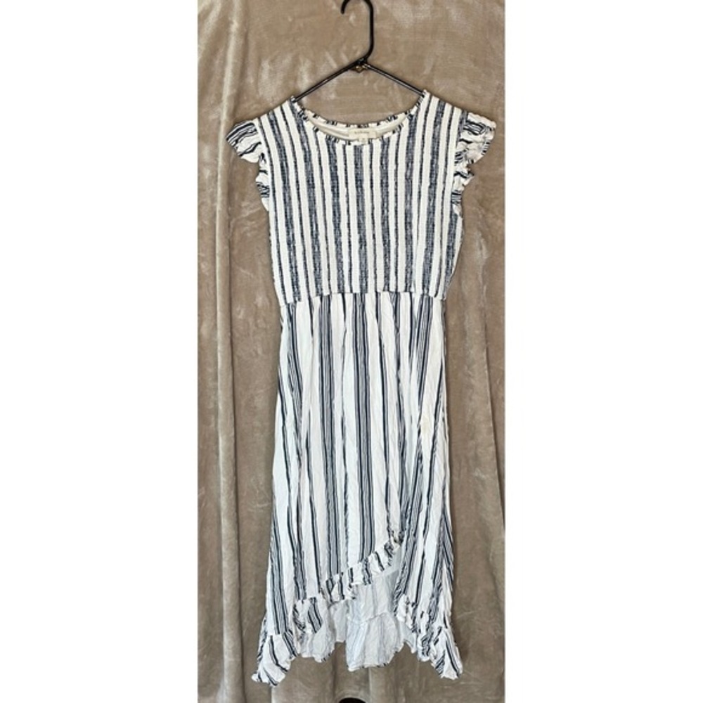 🚀 Böhme Striped Midi‎ Dress Ruffle Hem Sleeveless Casual Size S Blue White
